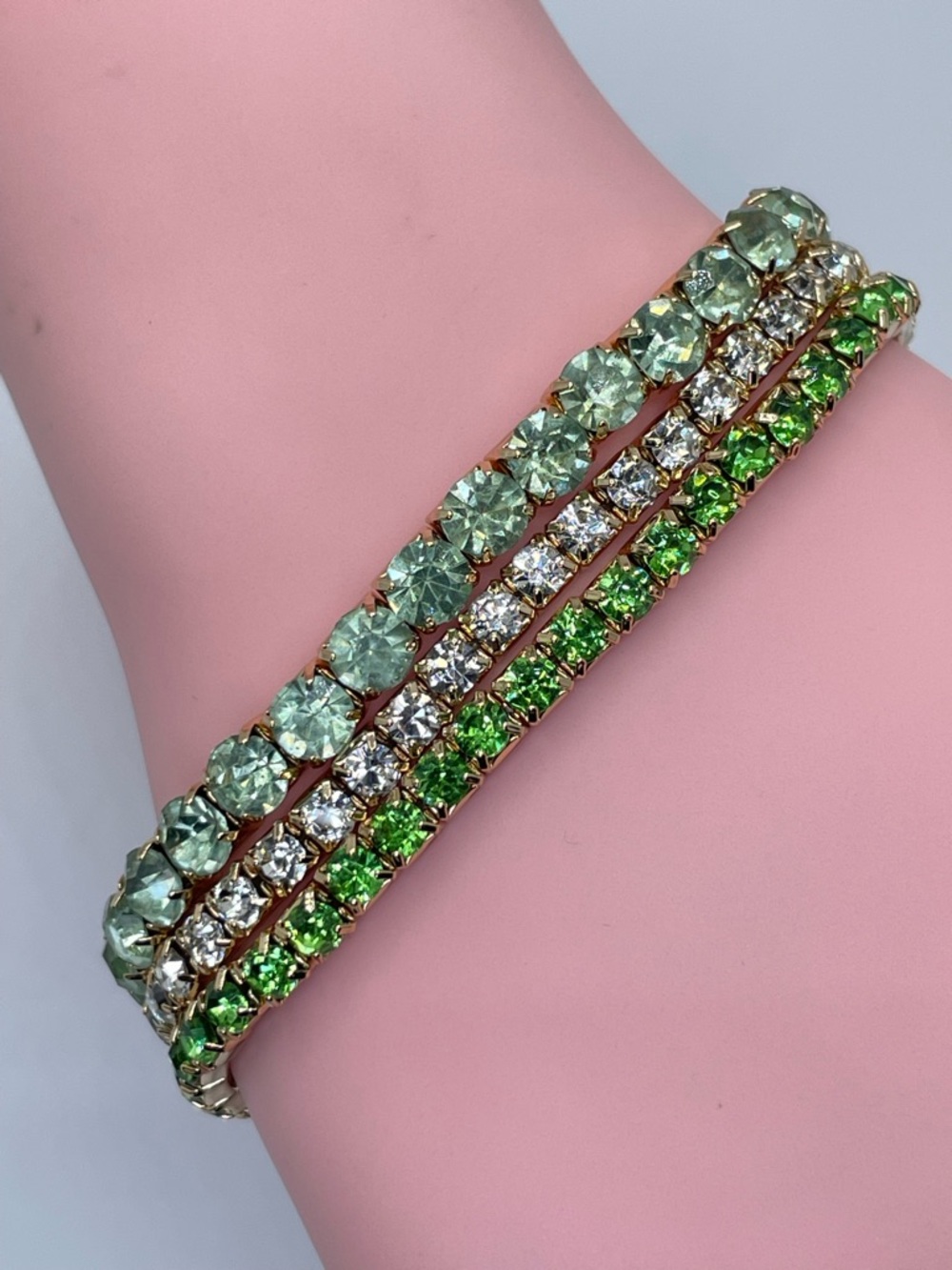 Gold Tone Crystal Stretch Bracelet Set Green Clear Stackable